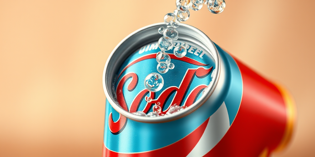 Create a high-resolution digital illustration of a soda can with a vintage design, showcasing vibrant colors and bubbles escaping from the can, using a 50mm lens, f/2.8 aperture, ISO 100, shot in soft natural lighting for enhanced clarity and detail.