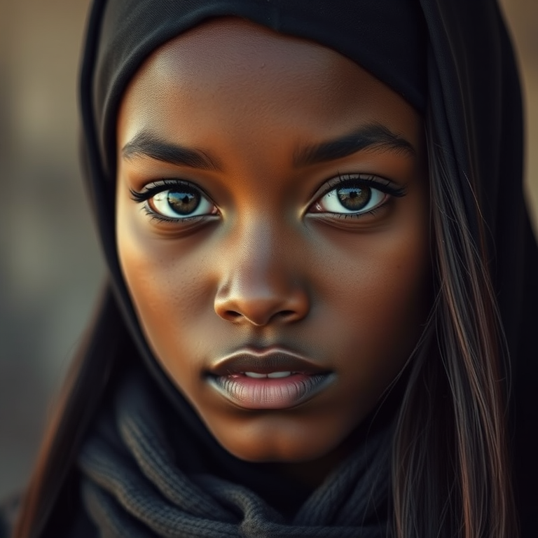 Create a portrait of a young African American female with long, dark hair and captivating hazel eyes. She is wearing a black headscarf and a matching scarf draped gracefully around her neck. The background is softly blurred, focusing attention on her serene and natural expression. The overall color palette is muted and warm, enhancing the intimate and authentic feel of the portrait.