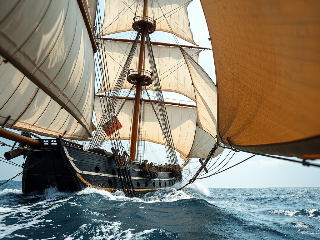 Create a detailed image of an 18th-century sailing ship with billowing sails in a dynamic ocean scene, captured from a low angle using a DSLR camera, 50mm lens, f/8 aperture, ISO 100, 1/250 sec shutter speed, natural lighting, emphasizing the intricate rigging and texture of the wood.