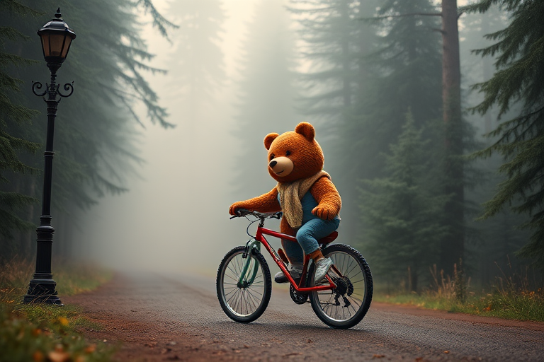 Create a whimsical scene of a cartoon bear riding a bicycle through a foggy forest path, with a vintage lamppost on one side and tall evergreen trees in the background, focusing on vibrant colors and soft lighting; use a DSLR camera with a 50mm lens, aperture f/2.8, ISO 200, and a low angle shot to enhance the depth of field and detail in the fur texture.