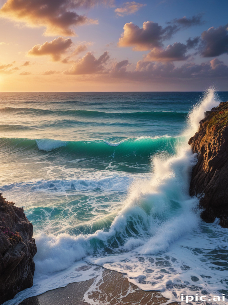 Majestic Waves Crashing Against Rocky Shore Under a Vibrant Sunset Sky