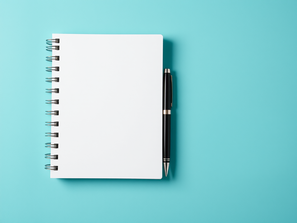 Create a high-resolution image of a blank spiral notebook with a smooth white surface and a sleek pen resting beside it, using a Canon EOS R5 camera with a 50mm lens at f/2.8 aperture, ISO 100, and a 1/200 sec shutter speed, captured from a top-down perspective on a solid teal background.