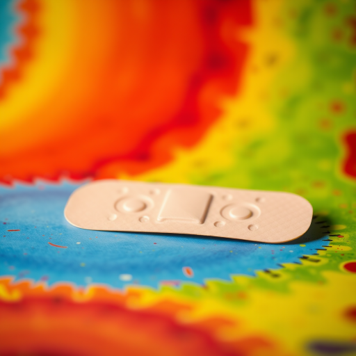 Close-up shot of a band-aid on a vibrant background, using a DSLR camera, f/2.8 aperture, 50mm lens, ISO 100, natural lighting, shallow depth of field.