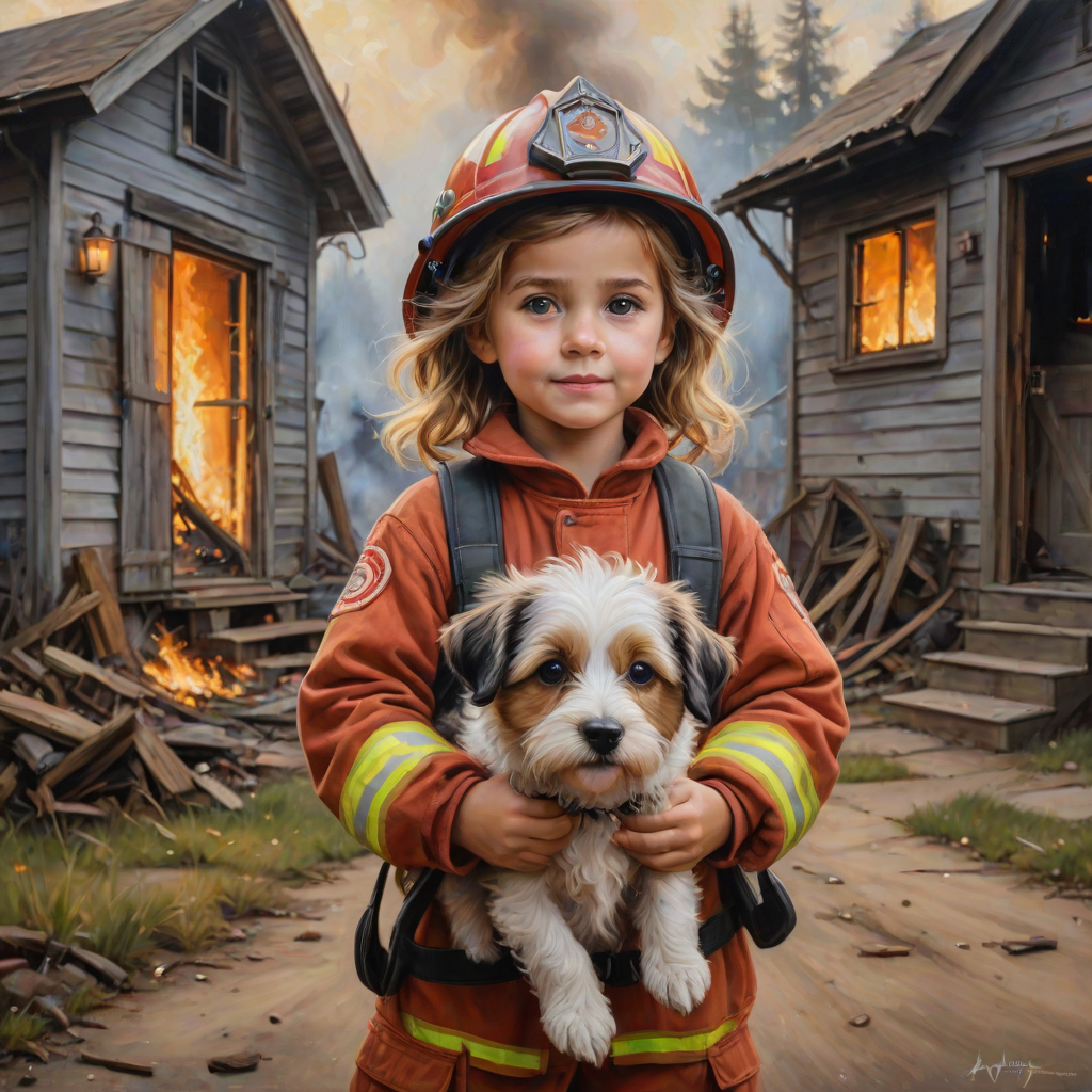 airbrushed oil painting, pixar style, cute little girl in fireman gear, helmet, tousled hair, expressive eyes, standing in the doorstep of a cottage burning behind him, holding a cute little dog in her arm, atumn sky