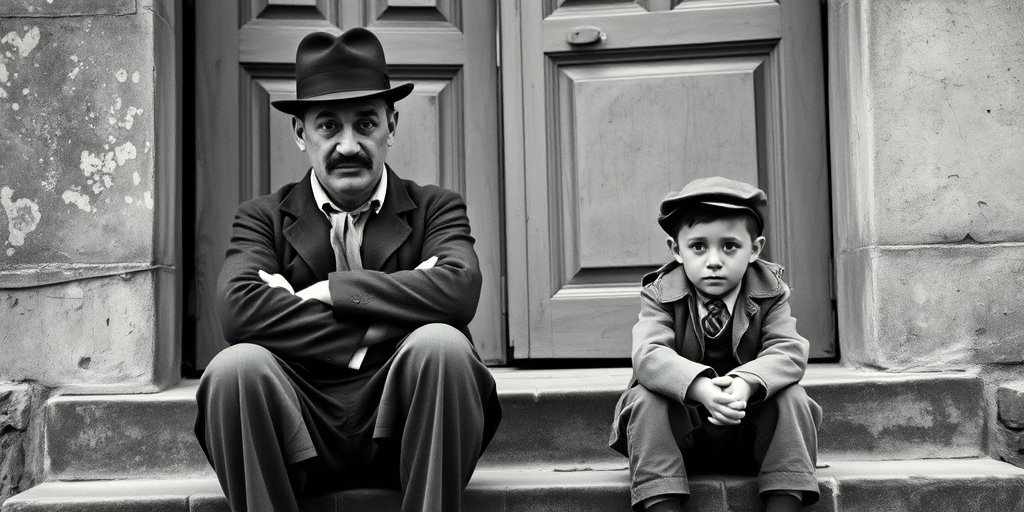 A black-and-white photograph of a man and a child sitting on steps in front of a doorway. The man is dressed as a tramp with a bowler hat, mustache, and ragged clothes, reminiscent of Charlie Chaplin's iconic look. He is sitting with his arms crossed and an expression of slight sadness or frustration. Next to him is a young boy, also in worn clothes and a cap, sitting with his hands clasped, looking thoughtful. The background is an old, textured wall and a partially open door, creating a vintage, early 20th-century atmosphere.