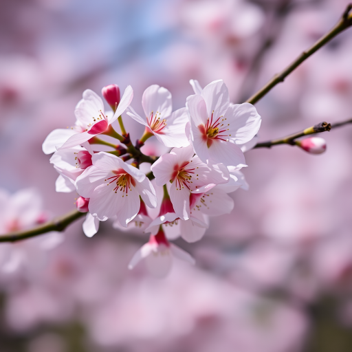 Close-up of cherry blossoms on a tree branch, soft focus background, taken with a DSLR camera, 50mm lens, aperture f/2.8, ISO 200, shallow depth of field, natural lighting.
