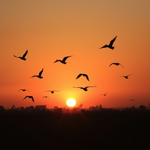 Create a serene landscape featuring birds in flight against a sunset backdrop, captured with a DSLR camera at f/8, ISO 200, with a 50mm lens in a portrait orientation to enhance depth and clarity.