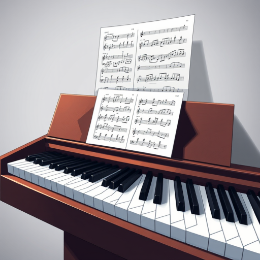 create a high-resolution digital illustration of a piano keyboard with sheet music above it, using a DSLR camera type with a 50mm lens, at f/2.8 aperture, ISO 100, in a studio setting with soft diffused lighting to enhance detail and clarity