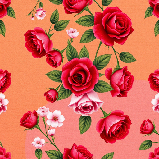 generate a repeating floral pattern with vibrant red roses and soft pink blossoms on a textured gradient background transitioning from orange to pink, high resolution, 50mm lens, f/2.8 aperture, ISO 100, top-down view, DSLR camera style