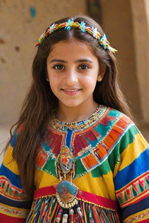 A beautiful Coptic girl, wearing colorful bird clothing with vibrant colors