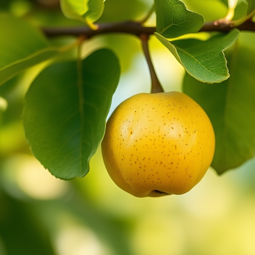 Create a high-resolution image of a single ripe yellow quince fruit hanging from a branch with green leaves, shot in natural light with a DSLR camera, 50mm lens, f/2.8 aperture, ISO 100, and a shallow depth of field for a soft background blur.