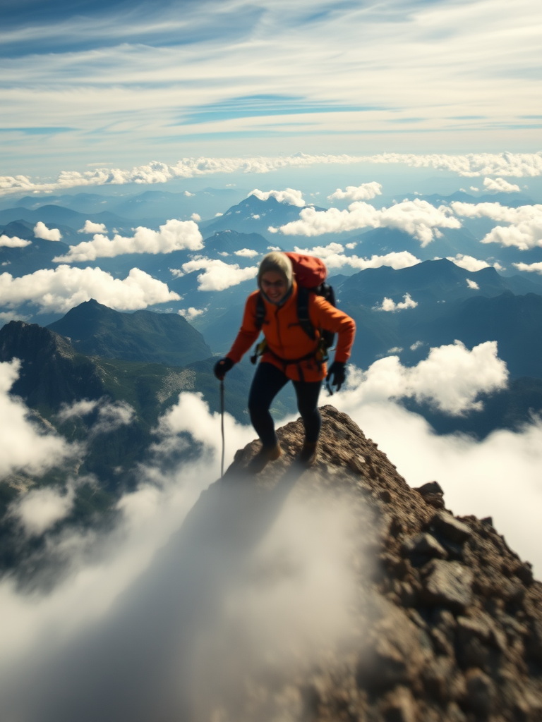 Blurry action shot of a mountain climber reaching the summit, soft clouds surrounding them, with an expansive view of distant peaks and valleys in the background.