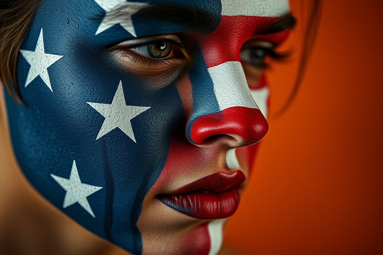 Generate a high-resolution image of a close-up portrait of a person with their face painted in the colors of the American flag, featuring dripping paint effects; use a Canon EOS R5 camera with an 85mm lens, aperture f/1.8, ISO 100, and a soft low-key lighting setup for dramatic shadows.
