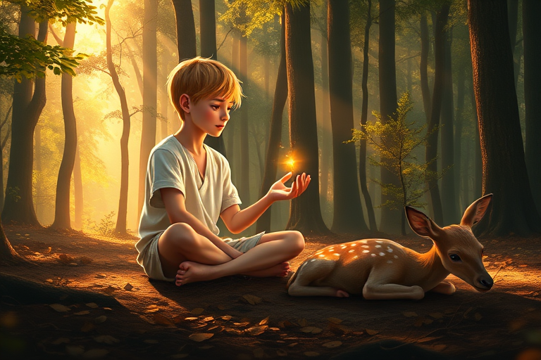 A luminous digital painting of a serene forest scene featuring a barefoot young male, about 7 years old, with Yellow hair and fair skin, dressed in a simple white outfit. He sits cross-legged on the forest floor, gazing at a small, glowing, magical firefly in his hand. Beside him, a delicate spotted deer lies calmly on a bed of dried leaves, observing the scene. The dense forest is bathed in warm, golden light filtering through the trees, creating a peaceful, magical atmosphere with a blend of natural and mystical elements.