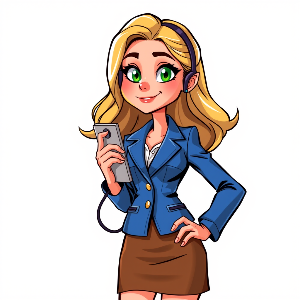 Create a vibrant cartoon character of a young woman with blonde hair wearing a blue blazer and brown skirt, holding an old mobile phone, standing confidently with one hand on her hip, use a bright color palette with a clear background, shot with a DSLR camera, 50mm lens, f/2.8 aperture, 1/125s shutter speed, and ISO 100 for crisp details.