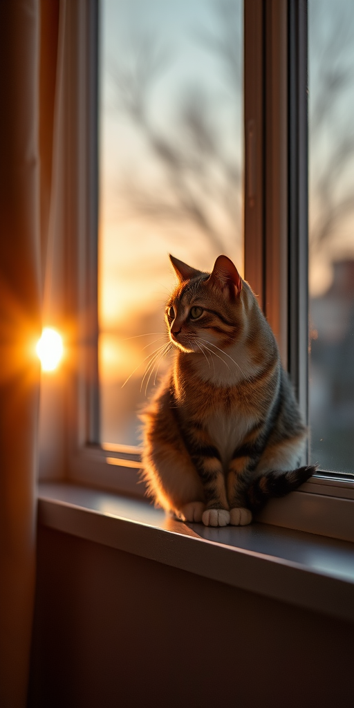 Create a high-resolution image of a cat sitting on a windowsill during sunset, with a shallow depth of field, using a Canon EOS 5D Mark IV, 50mm lens, f/1.8 aperture, ISO 200, and soft natural light for enhanced warmth and detail.
