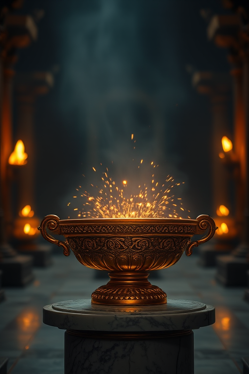 A golden ornate bowl glowing with magical sparks placed on a marble pedestal in a dimly lit ancient temple with flickering torches, captured with a Canon EOS R5, f/1.8, ISO 100, 1/250s, 24mm lens in cinematic style with soft focus to enhance depth and atmosphere.