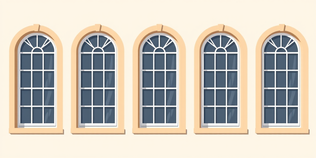 Vintage illustration of five arched windows in a minimalist style, high-resolution, shot with a DSLR camera at f/8 aperture, ISO 100, natural light, wide-angle lens, focus on window details, clear background.