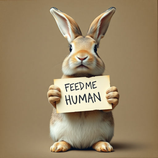 rabbit holding a note which says "FEED ME HUMAN"
