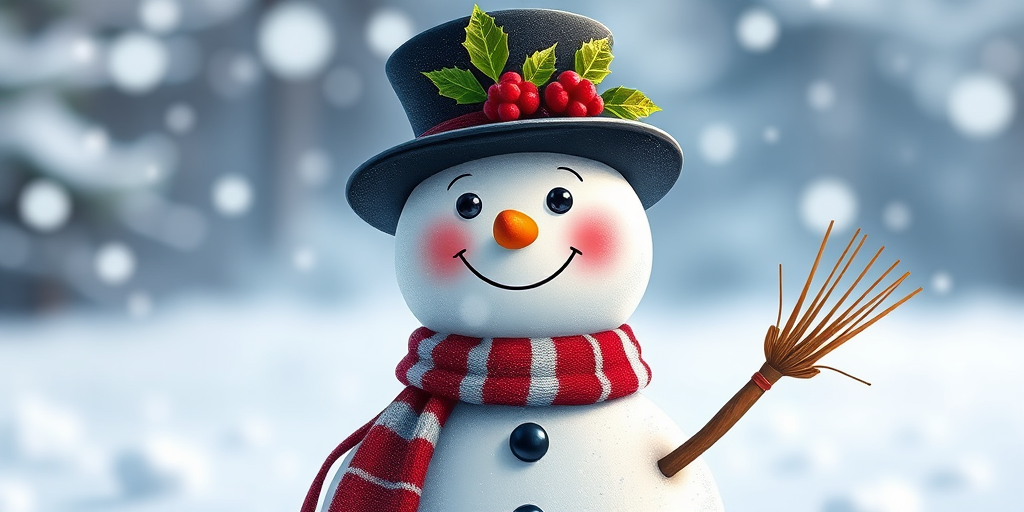 Create a high-resolution illustration of a cheerful snowman with a black top hat adorned with holly, a red scarf with white stripes, holding a broom, standing in a snowy environment with soft lighting, captured with a DSLR camera at f/2.8 aperture, 50mm lens, and a shallow depth of field to enhance the details and texture of the snowman.