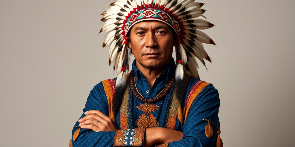 Create a dignified portrait of a Native American man dressed in traditional attire. He wears a beautifully crafted headdress adorned with white feathers and red beads, along with a beaded headband featuring intricate patterns. His clothing includes a deep blue, patterned shirt and a traditional chest piece with detailed beadwork. His arms are crossed, displaying leather armbands decorated with feathers. The background is simple and neutral, emphasizing his proud and stoic expression. The overall image captures the rich cultural heritage and strength of his persona.