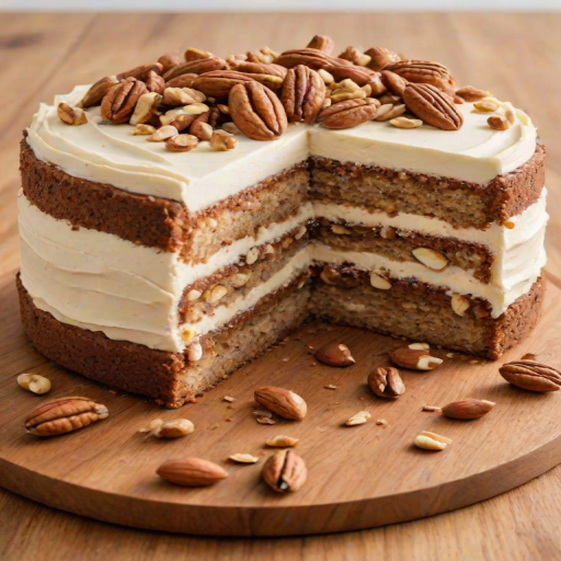 Create an image of a delicious layered cake with a creamy frosting on top. The cake should have a nutty texture with visible pieces of nuts and a smooth, rich filling. The cake is displayed on a wooden serving board with a light background to emphasize its details.