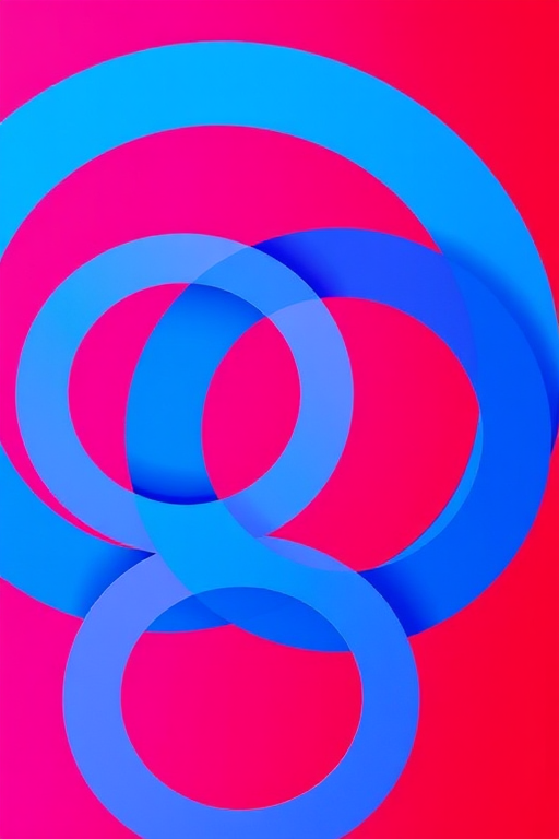 Create an abstract image featuring interlocking circular shapes in vibrant blue and pink colors with a contrasting red and cyan background, using a DSLR camera with a 50mm lens at f/1.8, ISO 100, and a shutter speed of 1/200s, shot from a top-down view to enhance depth and detail.