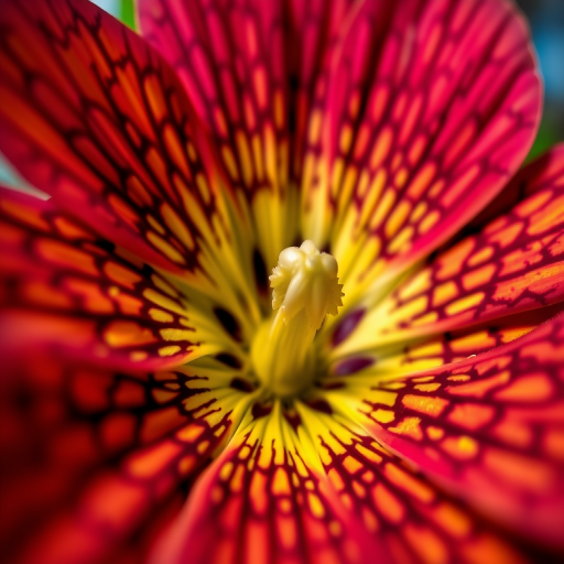 Close-up shot of a vibrant flower with intricate patterns, using a macro lens at f/2.8, ISO 100, 1/200 sec, natural lighting, low angle view, DSLR camera.