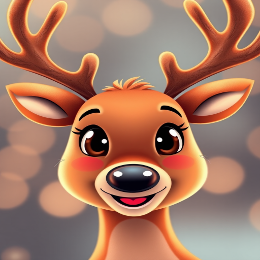 Create a cute cartoon-style reindeer face with a smooth texture, warm color palette, soft lighting, and a cheerful expression, captured with a DSLR camera using a 50mm lens at f/1.8, ISO 100, and a slight bokeh effect in the background.