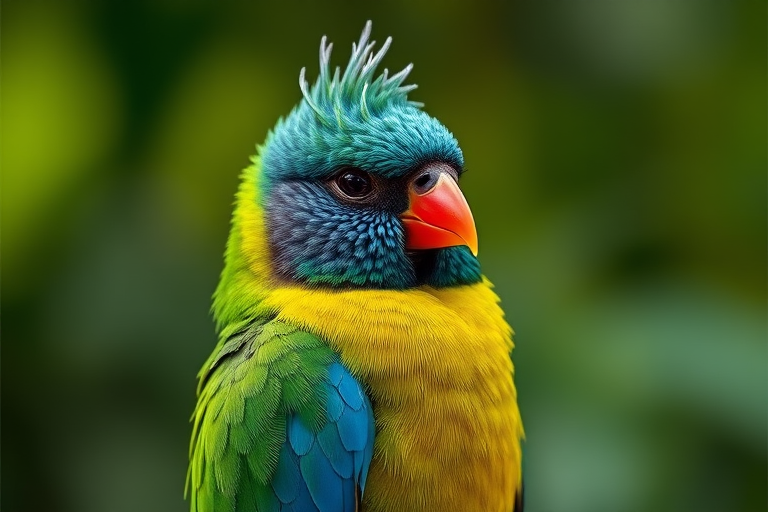 Capture a vibrant close-up of a bird with a green and blue plumage, featuring a distinctive crest and orange beak, against a softly blurred natural background, using a DSLR camera, 85mm lens, f/2.8 aperture, ISO 200, and a shallow depth of field for enhanced detail and color richness.