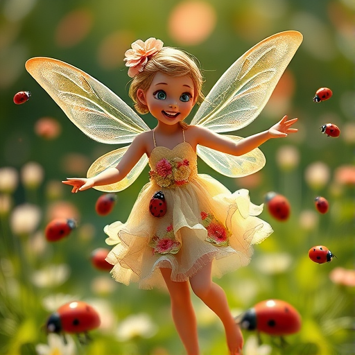 Create a vibrant image of a joyful fairy with delicate wings, wearing a floral dress, dancing amidst animated ladybugs, captured in a high-resolution 3D style, with a focal length of 50mm, aperture set to f/2.8 for a shallow depth of field, soft lighting effects, and a close-up view.