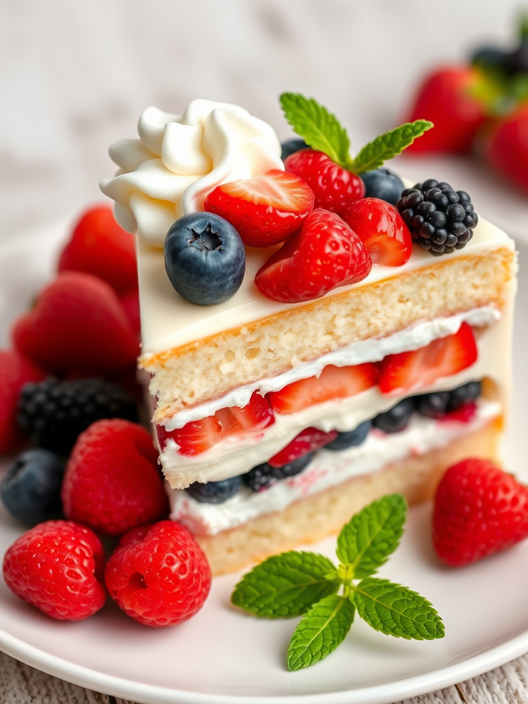 A slice of vanilla cake layered with cream and mixed berries including strawberries raspberries blueberries and blackberries garnished with whipped cream on top served on a white plate with fresh berries and mint leaves on the side