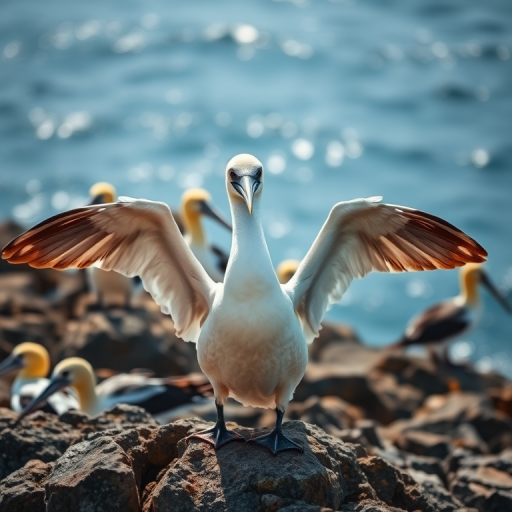 Capture a vibrant scene of gannets on a rocky coastline with a shallow depth of field, f/2.8 aperture, 1/500 sec shutter speed, ISO 100, 50mm lens on a DSLR, natural lighting, showcasing one gannet spreading its wings in the foreground while others stand in a blurred background against a shimmering ocean.
