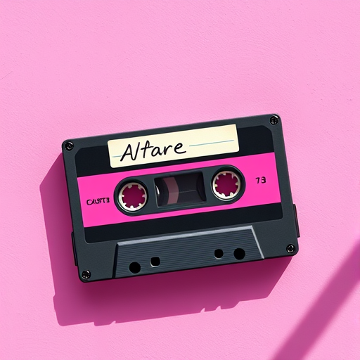 Create a vibrant illustration of a pink cassette tape with a black casing, featuring a playful handwritten label, captured with a Canon EOS R5 at f/8, ISO 100, 50mm lens in a top-down view with soft, diffused natural lighting to enhance colors and details.