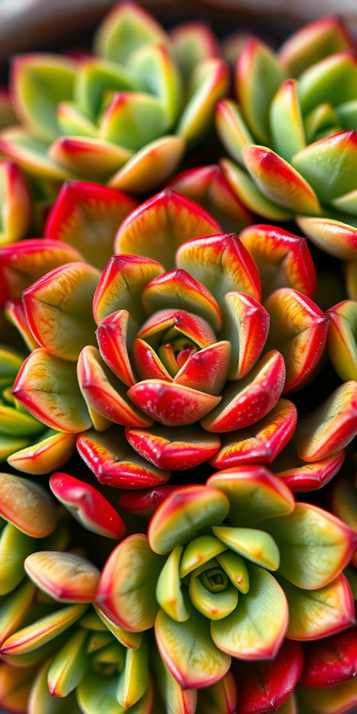 Close-up of vibrant green and red succulents with intricate patterns, shallow depth of field, natural lighting, ISO 100, f/2.8 aperture, 50mm lens, DSLR camera.