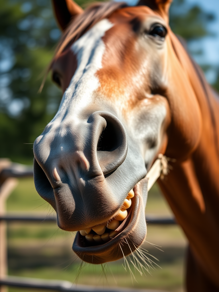 photograph a close-up of a horse's side profile showcasing its mouth and teeth with natural light, aperture f/2.8, shutter speed 1/200s, ISO 400, 85mm lens, shot with a DSLR camera in portrait orientation.