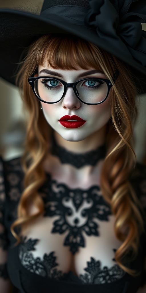 portrait of a gothic woman with pale skin, dark lipstick, and striking makeup, wearing a large black hat and glasses, intricate lace details on her outfit, soft focus background, taken with a Canon EOS R5, 85mm lens, f/1.8 aperture, ISO 100, natural lighting, shallow depth of field