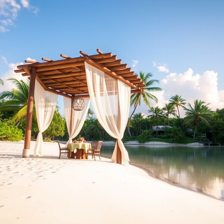 Create a picturesque tropical beach scene featuring a serene, white sandy shore. In the foreground, there's a rustic wooden canopy with white drapes gently flowing in the breeze. Underneath the canopy, a table is set with tropical decor, evoking a sense of relaxation and leisure. The beach extends into a calm, shallow water area with reflections of the sky and surroundings. Palm trees and lush greenery line the edge of the beach, providing a natural, tropical backdrop. The sky is clear with a few scattered clouds, and the overall atmosphere is tranquil and inviting, perfect for a peaceful retreat.