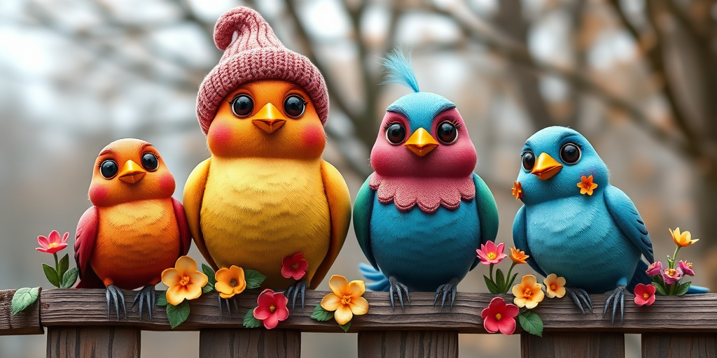 create a scene of 4 quirky  whimsical colourful comical birds each with a funny expression. they are sat on a wooden fence with colourful flowers. they are all different sizes. each one is a different colour  one is wearing a woolly hat. Each one has a different quirky google expression and there is a muted background of trees watercolour paintierly style high definition 8k resolution 3D paper mache