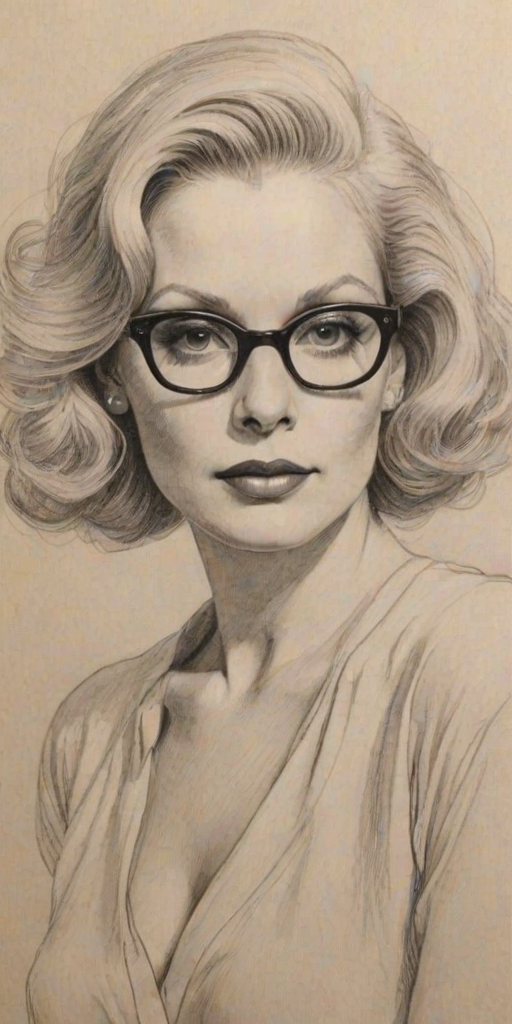 Fetching Cathy Moriarty, pencil sketch, portrait of Exquisite woman 1929s in glasses, hair style beatnik, outline, clear lines, fine lines, 8k