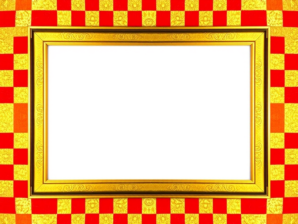 Create a vibrant rectangular frame with alternating gold and red checkered patterns, high resolution, 50mm lens, f/2.8 aperture, ISO 100, shot from a front view using a DSLR camera.