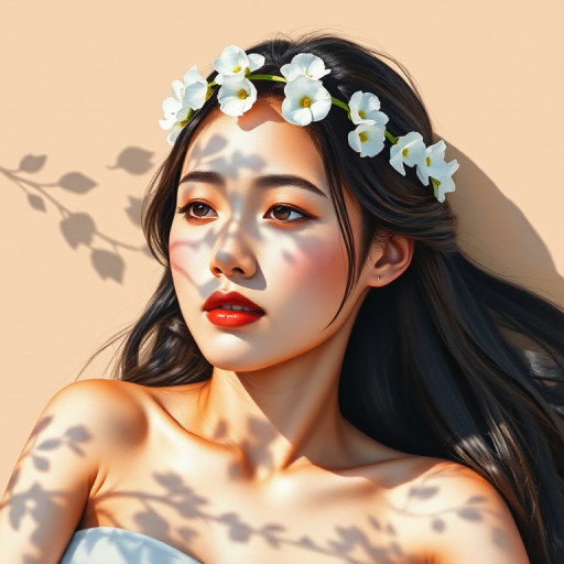 create a watercolor painting of an ethereal portrait of beautiful Bhutanese woman with a simple white flower crown on her head. Her hair is long and she is lying on the ground. The sunlight on the trees casts shadows from the leaves on her face and body. The background is a neutral brown color that matches her skin tone. The image is minimalist and solid colors. This style is characterized by soft, delicate brushstrokes and a light, airy, contrasting color palette. High level of detail and play of light