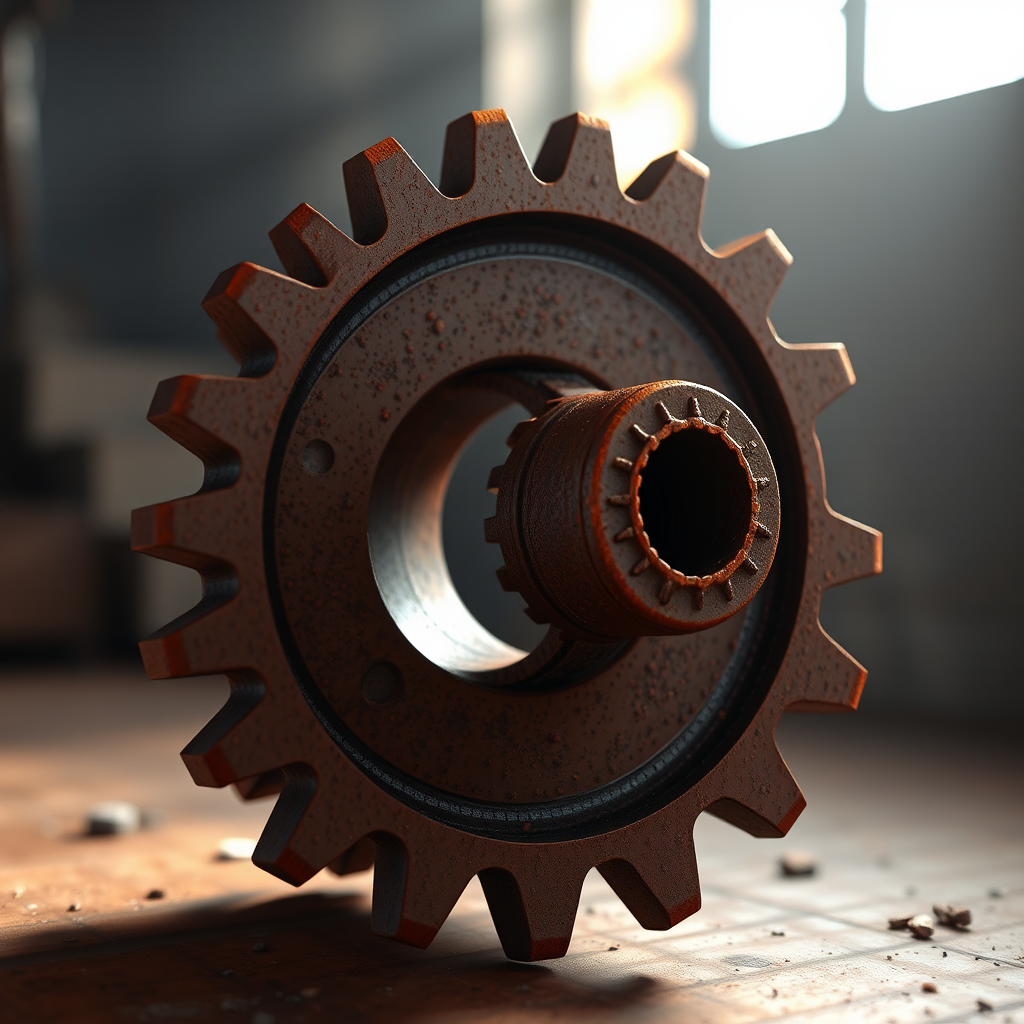 Create a highly detailed 3D rendering of a rusty gear with sharp edges, illuminated by soft, dramatic lighting to emphasize texture, taken from a low-angle perspective using a DSLR camera set to f/2.8 aperture, ISO 100, and a shutter speed of 1/200s.