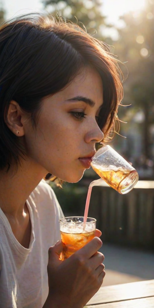 detailed edges, detailed image, perfection style, A detailed and A perfect photo of a side view of a person drinking a glass of soda outdoors, hand focus, cinematic hand, best hand, better hand, awesome hand, different hand, 1girl, solo, shirt, black hair, holding, white shirt, upper body, blurry, cup, depth of field, blurry background, holding cup, close-up, lens flare, drinking glass, realistic, drink, drinking, bokeh, perfection, different color, perfect color, realistic, realism, detailed background, perfect background, different background, alcohol, perfect style, perfection style, detailed style, short hair, male focus, from side, fingernails, head out of frame