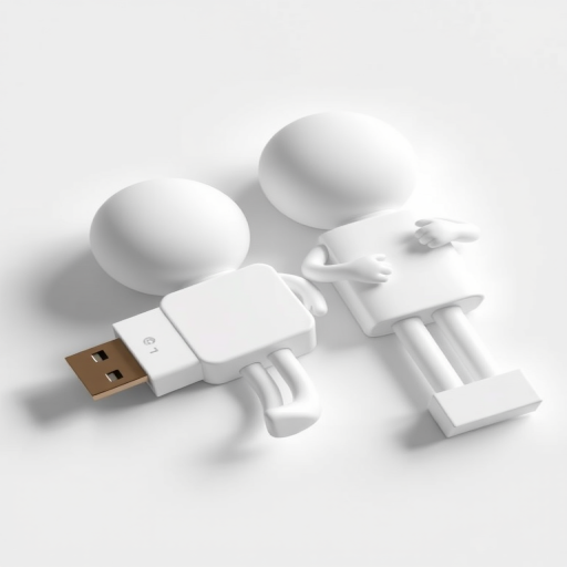 Generate a highly detailed 3D rendering of two minimalist white USB character figures, one lying flat with its USB connector visible and the other in a resting position, with soft shadowing, using a Canon DSLR camera with a 50mm lens, f/1.8 aperture, ISO 200, and a clean white background to enhance focus on the subjects.