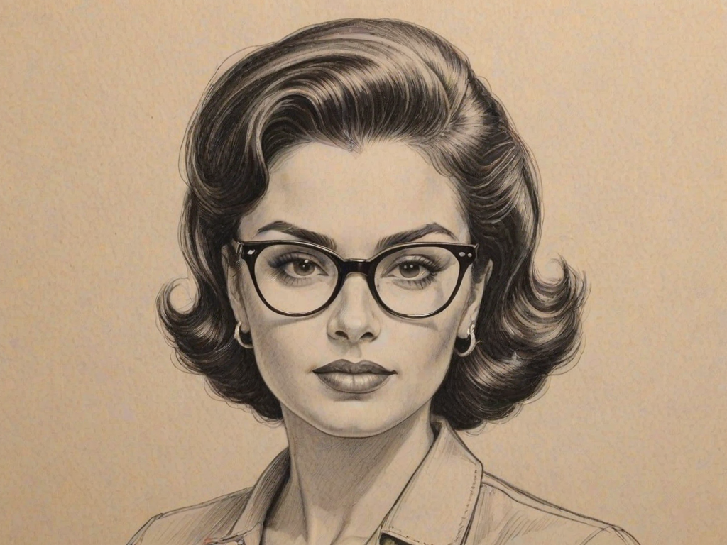 Bewitching Zuleikha Robinson, pencil sketch, portrait of Superb woman 1950s in glasses, hair style beatnik, outline, clear lines, fine lines, 8k