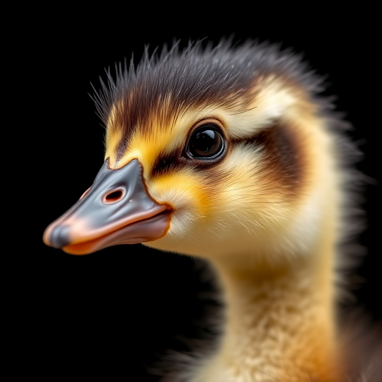 capture a close-up of a duckling with detailed feathers against a soft black background, using a DSLR camera at f/2.8 aperture, 1/200 sec shutter speed, ISO 100, with a macro lens for sharp focus and rich detail
