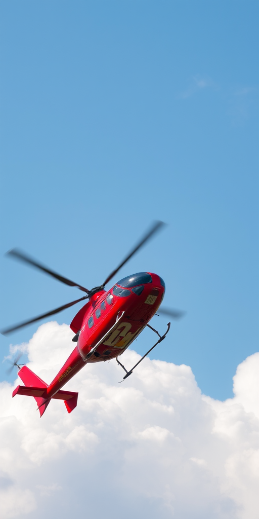 A vibrant red helicopter taking off against a clear blue sky with fluffy clouds, shot in high resolution with a DSLR camera at 1/500s shutter speed, f/8 aperture, ISO 200, using a telephoto lens from a mid-range perspective to capture dynamic movement and sharp details.