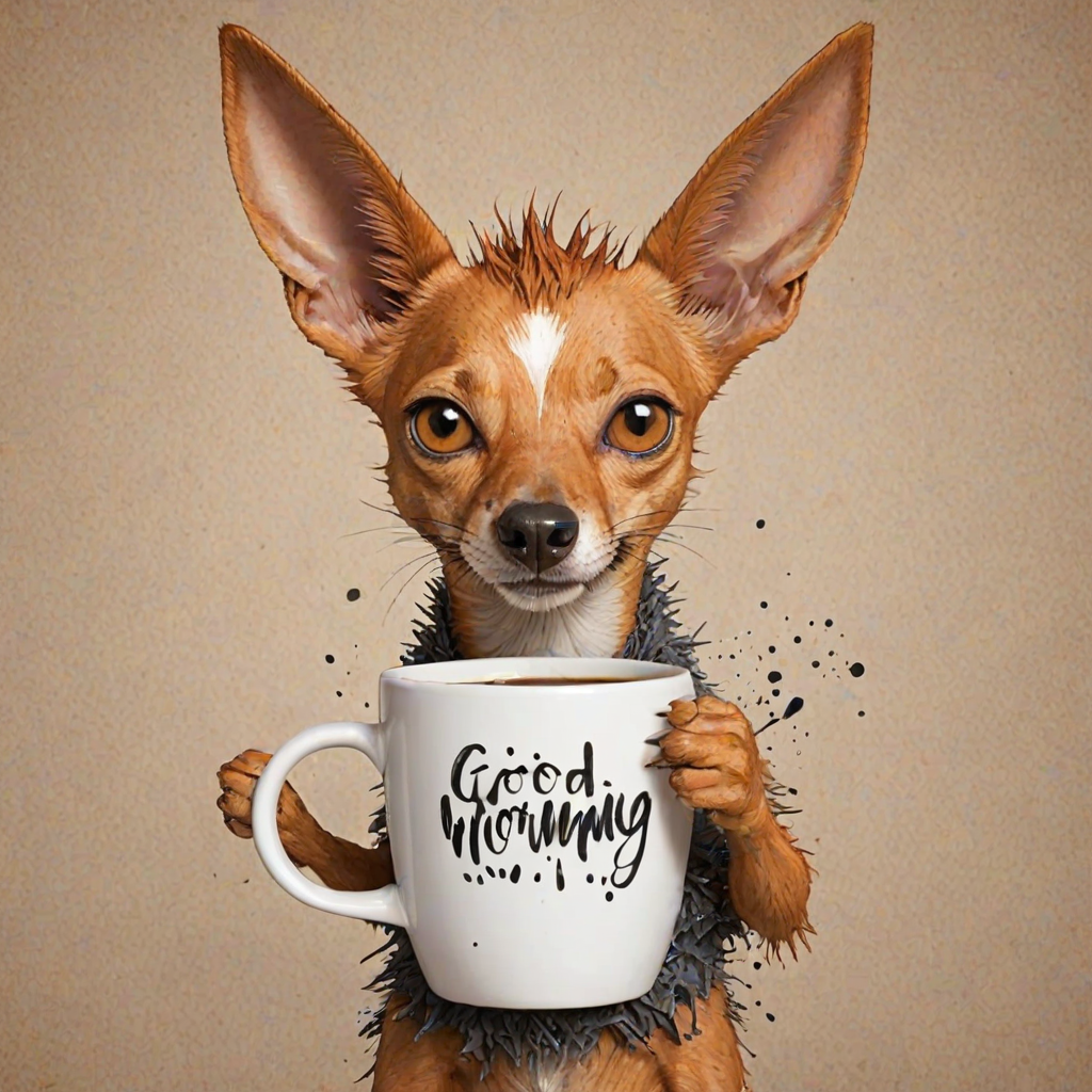 A quirky, artistic illustration of a disheveled cirneco delletna with exaggerated, large eyes and spiky fur, holding a coffee mug that reads "Good Morning". The dog has a tired but humorous expression, with ink splatters and abstract details surrounding it, giving a whimsical feel to the image. The color palette is mostly monochrome with hints of orange in the eyes and steam rising from the mug, enhancing the overall sleepy vibe