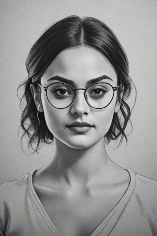 Radiant Camila Mendes, pencil sketch, portrait of Captivating woman 1938s in glasses, hair style beatnik, outline, clear lines, fine lines, 8k